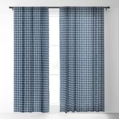 Avenie Grid Pattern Navy 64" X 50" Single Panel Sheer Window Curtain - Society6