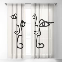 Bohomadic Studio Double Line Faces Black Single Panel Sheer Window Curtain - Society6